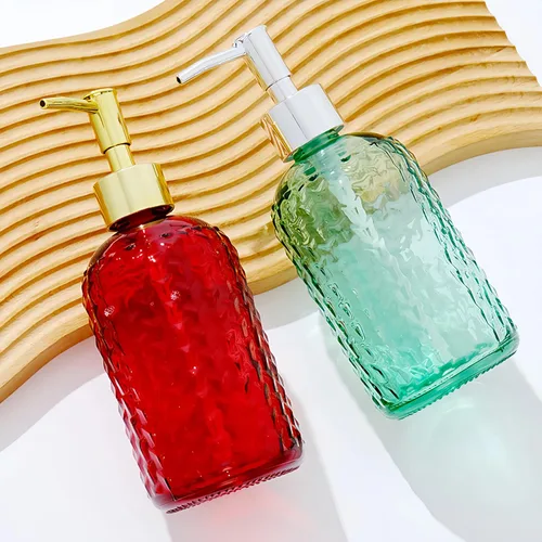 Vista 4 de 13 oz Glass Hand and Dish Soap Dispenser,Clear Diamond Design Glass Refillable Hand Soap Dispensers with Rust Proof Pump,Bathroom Decoration Cyan