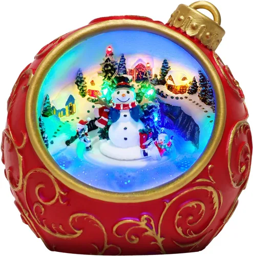 Figuras musicales animadas de pueblo navideño de 6.3 pulgadas con muñeco de nieve giratorio de esquí y luces, temporizador automático de 6 horas y