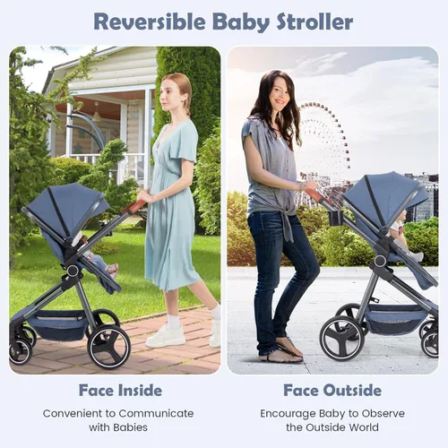 Vista 2 de INFANS Cochecito de bebé 2 en 1, cuna convertible para recién nacido, plegable, alta absorción de impactos con asiento reversible, estructura