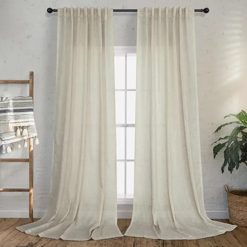 Vista 14 de Cortinas de lino crema de 102 pulgadas de largo para sala de estar, dormitorio, 2 paneles con bolsillo con pestaña trasera, filtro de luz, cortina