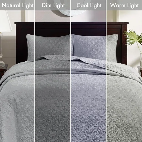 Vista 7 de Madison Park Quebec - Juego de ropa de cama tamaño King, color gris, damasco, colcha de 3 piezas, colcha acolchada de microfibra ultra suave