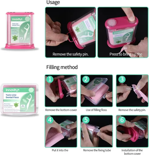 Vista 6 de Pink Push-Pop - Dispensador de púas de hilo dental con recipiente de recarga de 200 unidades, hilo dental de menta de doble línea (300 en total)