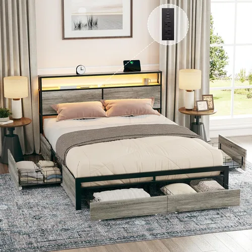 Vista 8 de HAUSOURCE - Base de cama tamaño Queen con cabecera de almacenamiento, 4 cajones, luces LED, plataforma metálica antideslizante sin ruido, base