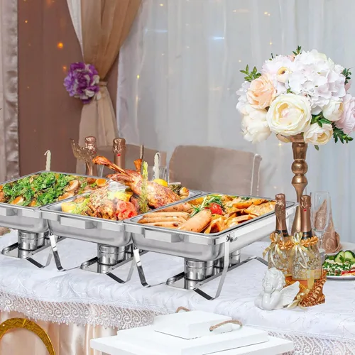 Vista 9 de Juego de Bandejas Calentadoras (Chafing Dish) para Buffet de 4 Piezas, Bandeja de Comida Rectangular Plegable de Acero Inoxidable de 8 Cuartos