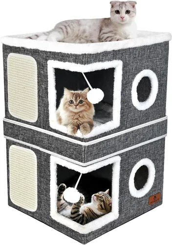 Vista 9 de Casa de Gato de 2 Pisos para Gatos de Interior, Cama de Cueva de Gato de Dos Propósitos con Almohadilla para Arañar y Bola Esponjosa, Escondite