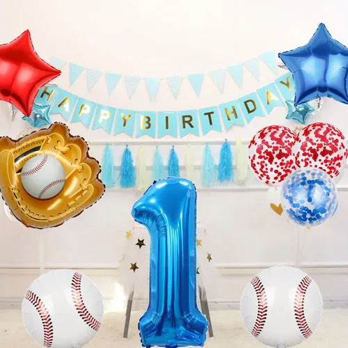 Vista 4 de Globos de béisbol de papel de aluminio para decoración de cumpleaños, globos de guante, globo de confeti de estrella roja y azul para novato