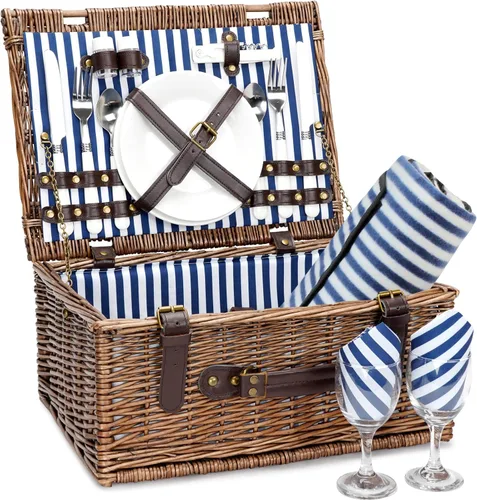 Cesta de picnic de mimbre para 2 personas con manta de picnic impermeable, juego de picnic para 2 personas con alfombrilla de playa a prueba de