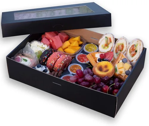 Vista 9 de Bandeja desechable de cartón resistente, paquete de 5 unidades, bandeja de pícnic con tapa para 8-12 personas para llevar, tabla de charcutería