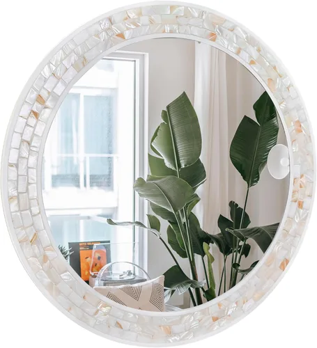 Vista 10 de Espejos de mosaico para pared de 24 pulgadas, con incrustaciones de nácar natural, espejo redondo con marco blanco para baño, dormitorio o entrada