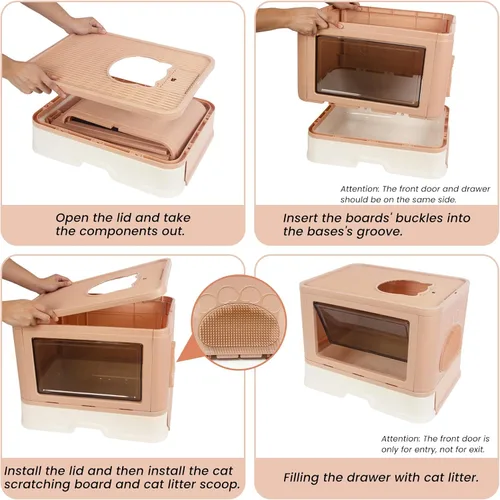 Vista 3 de Inodoro plegable para gatos con entrada superior cerrada, caja de arena para gatos cubierta extra grande con cepillo de arena y pala