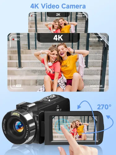 Vista 2 de Cámara Digital, Cámara de Video 4K Camcorder UHD 56MP WiFi para Vlogging, Zoom Digital 18X, Visión Nocturna IR, Cámaras con Pantalla Táctil de 3