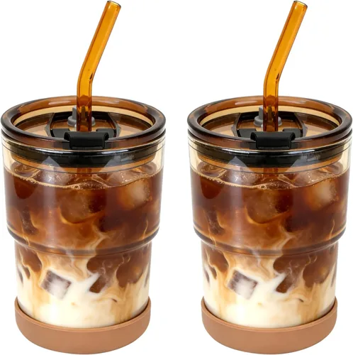 Zukro Tazas de café helado de vidrio de 13 onzas con tapa y popote, vaso de vidrio a prueba de fugas para té helado, agua, parte inferior de