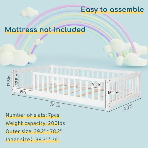 Vista 34 de Tatub Cama de suelo individual con rieles, puerta y listones, marco de cama Montessori de madera para niños y niñas, rosa