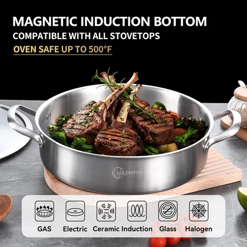 Vista 3 de LOLYKITCH Sartén Salteadora de Acero Inoxidable Tri-Capa de 7 Cuartos con Tapa, Sartén para Freír Profunda de 12 Pulgadas, Sartén Grande, Cocinero