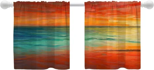 Vista 141 de Shrahala Beige and Orange Abstract Art Brushstrokes Tier Curtains for Kitchen Windows, Abstract Oil Paint Cafe Curtain Multilayer Polyester Blackout
