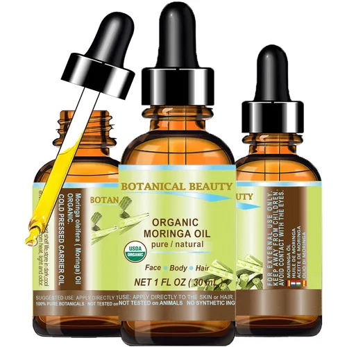 Botanical Beauty ACEITE DE MORINGA CERTIFICADO ORGÁNICO. 100% Puro/Natural/Sin diluir. 1 Fl.oz.- 1.0 fl oz. Para el cuidado de la piel, el cabello,