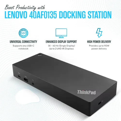 Vista 4 de 40AF0135US Lenovo Docking Station Dual Monitor Hybrid USB-C con USB-A - Base Thinkpad con 135W Adap TER, HDMI, DisplayPort, cable USB C y paño