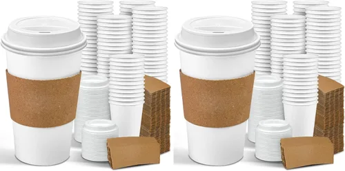 Vista 9 de Ginkgo Paquete de 100 Tazas de Café de Papel Engrosado de 8 oz con Tapas y Fundas Blancas, Tazas de Café Desechables para Llevar para Café Espresso