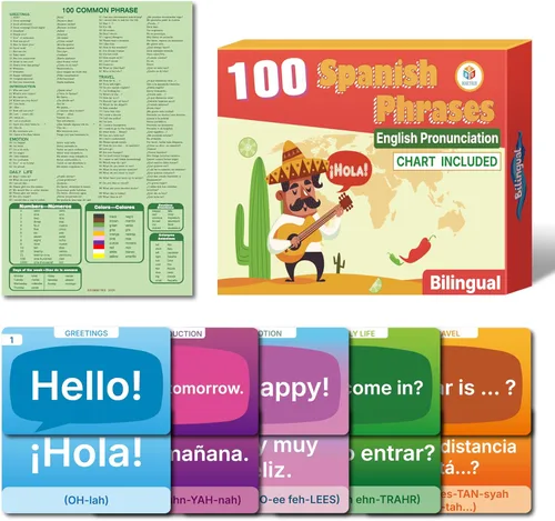 100 frases bilingües en español e inglés con prounciación en inglés, tarjetas didácticas y tabla de frases recurso de aprendizaje para estudiantes