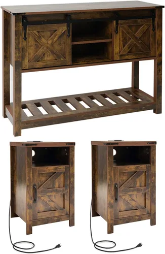 Vista 24 de Juego de mesa auxiliar de granja con estación de carga, mesas de sala de estar con almacenamiento oculto, mesas de noche cuadradas de madera, mesita