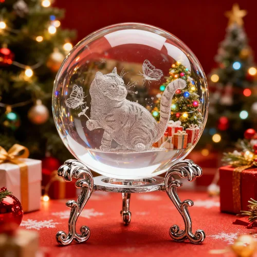 Vista 3 de Bola de cristal de gato 3D para el hogar, cristal grabado con láser, con mariposas, bola pisapapapeles con soporte