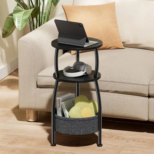 Vista 8 de Mesa auxiliar redonda pequeña para sala de estar con cesta de almacenamiento, mesa auxiliar pequeña que ahorra espacio, mesita de noche de 3