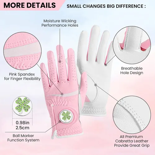 Vista 2 de Guante de golf para mujer con marcador de bolas de trébol 1 unidad, guantes de agarre para todo clima de microfibra y cuero para damas, ajuste