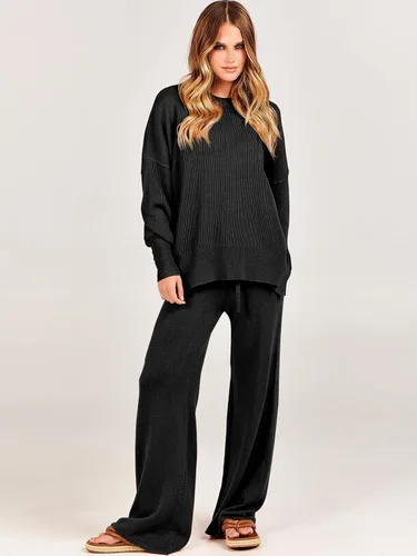 Vista 8 de ANRABESS Conjunto de 2 piezas para mujer, conjunto de suéter de gran tamaño y pantalones de pierna ancha, conjunto de descanso grueso para otoño