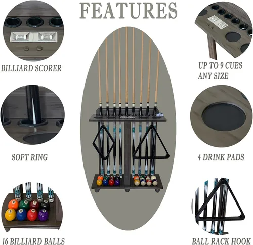 Vista 6 de Soporte para taco de billar de madera maciza de alta calidad, soporte de billar de madera para diez tacos y accesorios de mesa completa Ébano negro