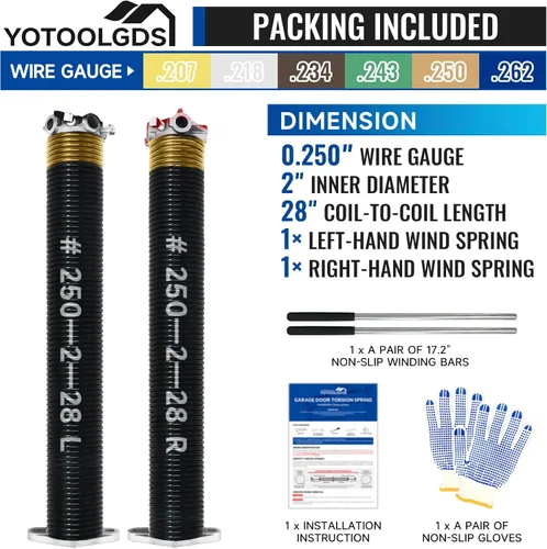 Vista 2 de Par de resortes de torsión para puerta de garaje de 2 pulgadas con barras de bobinado antideslizantes y guantes, electroforesis de alta precisión