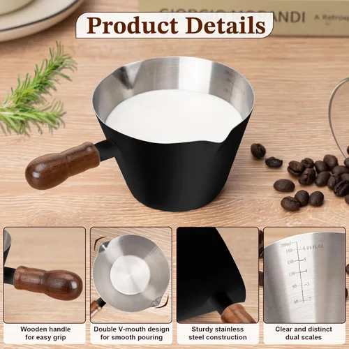 Vista 3 de Amrules Tazas de café expreso negras, taza de medición de café de 7 oz/200 ml con asa de madera, taza de espresso de acero inoxidable 304 con escala