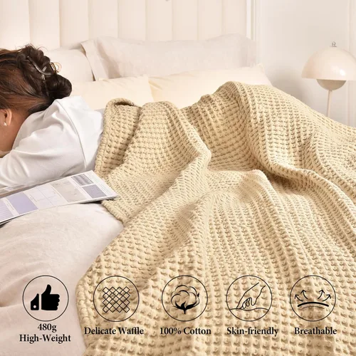 Vista 2 de PHF Manta de tejido gofre de algodón 100% lavado de 400 GSM, acogedora, transpirable y agradable al tacto, tamaño individual para todas las Beige