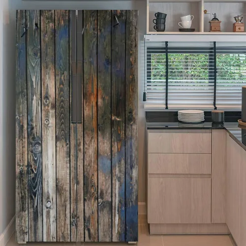 Vista 2 de Juego de envoltura de vinilo autoadhesivo para refrigerador, textura de madera, mural de puerta, adhesivo extraíble para nevera, despegar y pegar