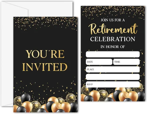 Retirement Party Invitations, Black Gold Balloons Themed Retirement Invitation Cards For Men Women Teacher Nurse, Retire Party Decorations With 20