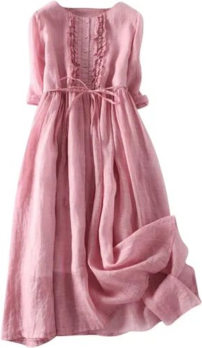 Gamivast Vestidos de lino de manga 34 para mujer, casual, de verano, manga corta, cintura alta, vestido camisero de lino con botones