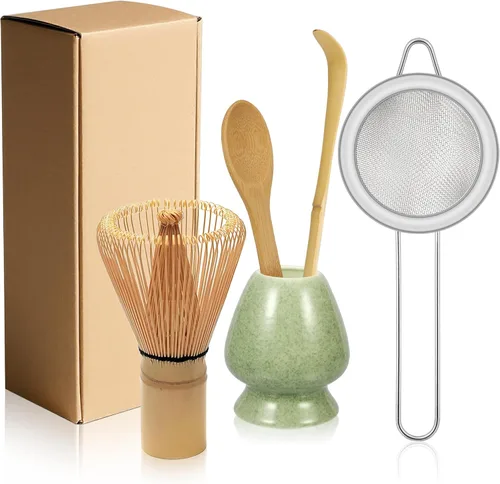 Juego de 5 batidores de bambú matcha, batidor de matcha, soporte de cerámica (verde), tamiz, cuchara de té tradicional y cuchara de té, ceremonia de