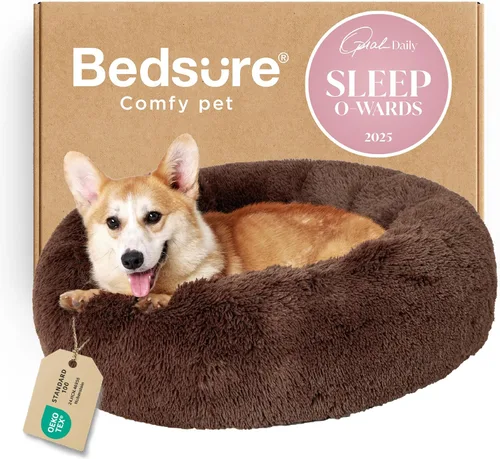 Vista 45 de Bedsure - Cama calmante para perros pequeños y medianos, lavable, con forma de dona, antideslizante, afelpada, esponjosa, pelo sintético, cama