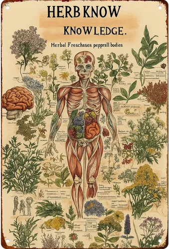 Póster de aluminio vintage de anatomía botánica y conocimiento herbario para pared, letrero de metal retro para garaje, hombre, cueva, baño,