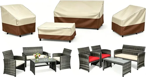 Gasadar Funda para muebles de patio, fundas impermeables para muebles de exterior, sofá biplaza, silla y mesa auxiliar, beige y marrón