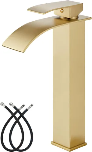 gotonovo Grifo de baño alto en cascada de una sola manija para fregadero 1 agujero, grifo de fregadero de acero inoxidable moderno, mezclador para