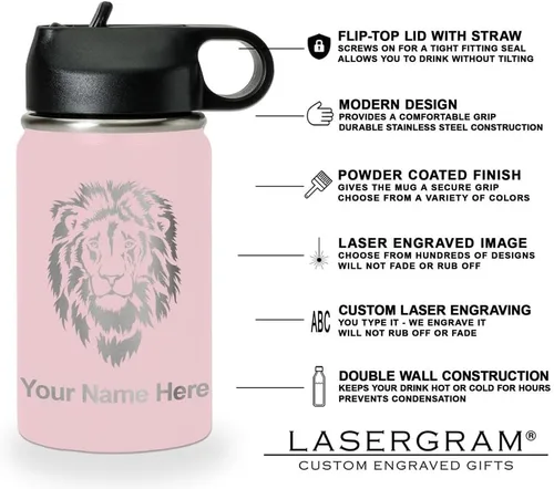 Vista 6 de LaserGram Botella de agua de doble pared abatible de 12 onzas con pajita, unicornio, grabado personalizado incluido (rosa)
