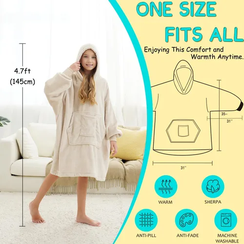 Vista 3 de REDESS Sudadera con Capucha Manta, Manta Vestible Oversized Sherpa con Mangas Bolsillo Gigante, Sudadera con Capucha Acogedora para Niños