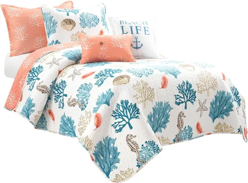Vista 8 de Lush Decor Coastal Reef Feather - Juego de edredón reversible de 5 piezas, tamaño individual/individual XL, azul y coral, juego de ropa de cama