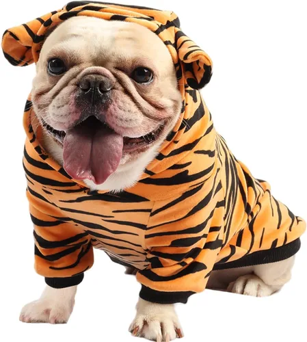Vista 6 de DELIFUR Disfraz de tigre para perro, divertido disfraz con capucha para Halloween, cosplay, divertido disfraz para perros pequeños y medianos