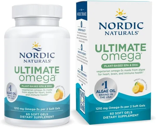 Nordic Naturals Ultimate Omega a base de plantas, sabor a limón, 60 geles suaves vegetarianos, 1210 mg de omega-3, EPA y DHA veganos, suplemento