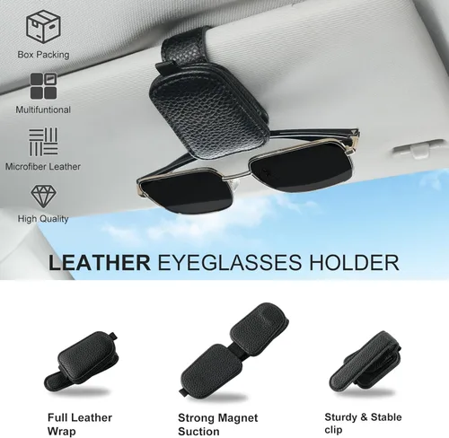 Vista 5 de SINGARO Soporte para gafas de sol de coche, hebilla magnética de cuero para visera de coche, clip para anteojos de sol, clip para almacenamiento