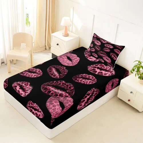 Vista 2 de Feelyou Leopard Print Lips Fitted Sheet Twin Size for Kids Boys Girls Cheetah Print Bed Sheets Set 16" Deep Pocket Soft Breathable Microfiber