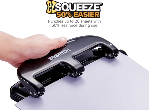 Vista 2 de Bostitch Office EZ Squeeze - Perforadora estándar de 20 hojas de 3 agujeros, construcción de metal, plata/negro (HP20)