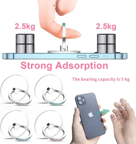 Vista 4 de Soporte para anillo de teléfono celular con diamante transparente, rotación de 360, compatible con iPhones (2 plateados, 2 rosas)