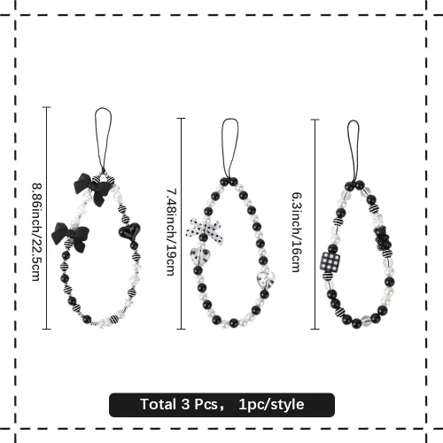 Vista 2 de 3 piezas de 3 estilos de perlas acrílicas con cuentas para teléfono, correa de lazo negro para teléfono móvil, correa de muñeca de corazón
